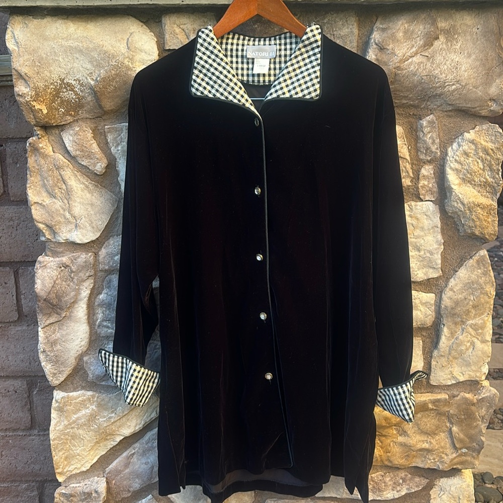 Vintage Natori Velvet Black Plaid Button Up Shirt Loungewear Size Large PJ Top